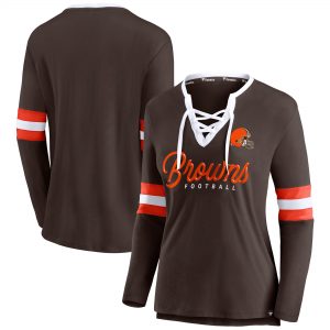 Women’s Cleveland Browns Brown Block Party Lace-Up Long Sleeve T-Shirt